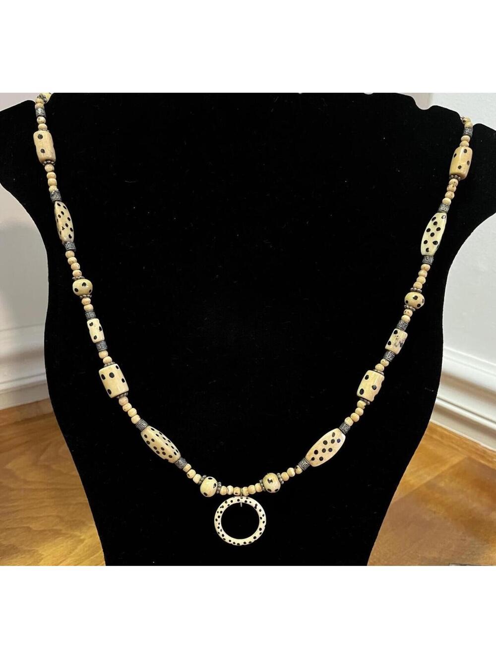 Beige and Black Beaded Necklace with Circular Pendant